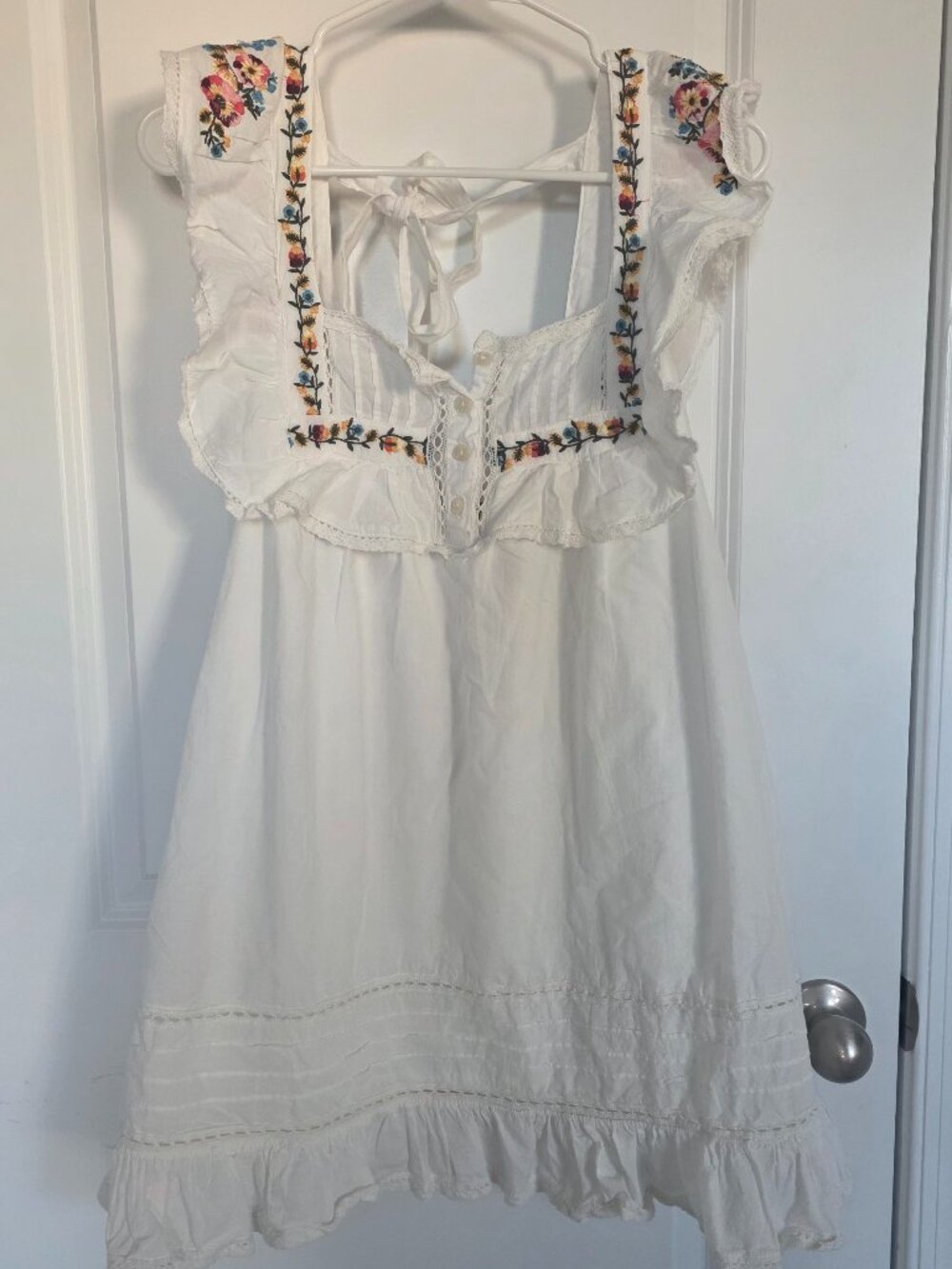 Urban Outfitters White Mini Dress with Multicolor Floral Embroidery